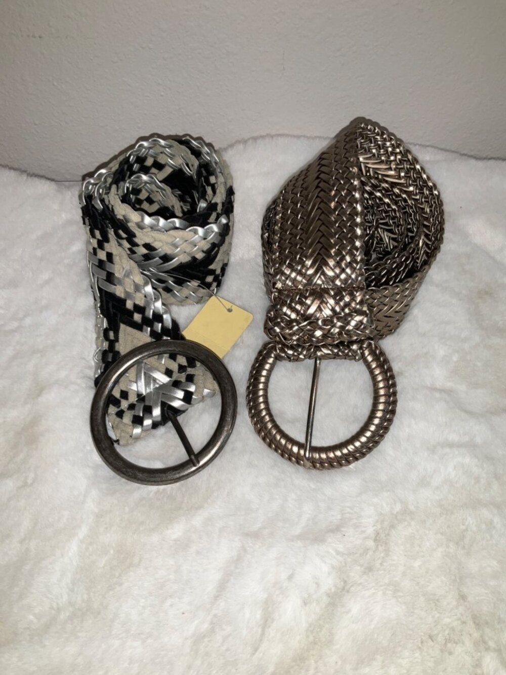 2 Vintage Metallic Wide Braided woven Belts NEW Gold/Silver